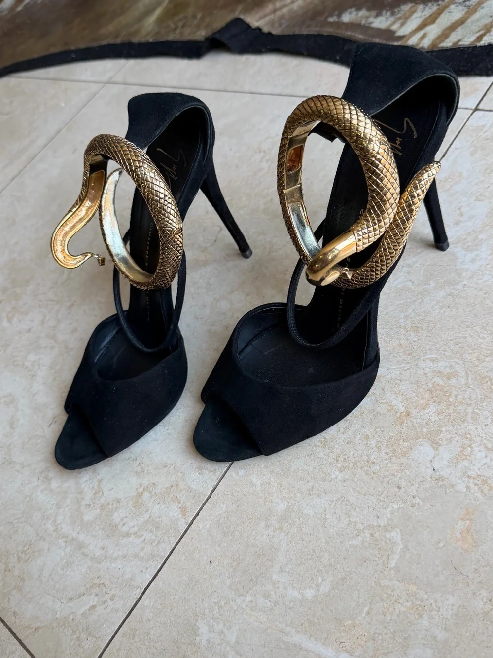 Giuseppe Zanotti Black Suede Heels with Gold Snake Detail sz 39
